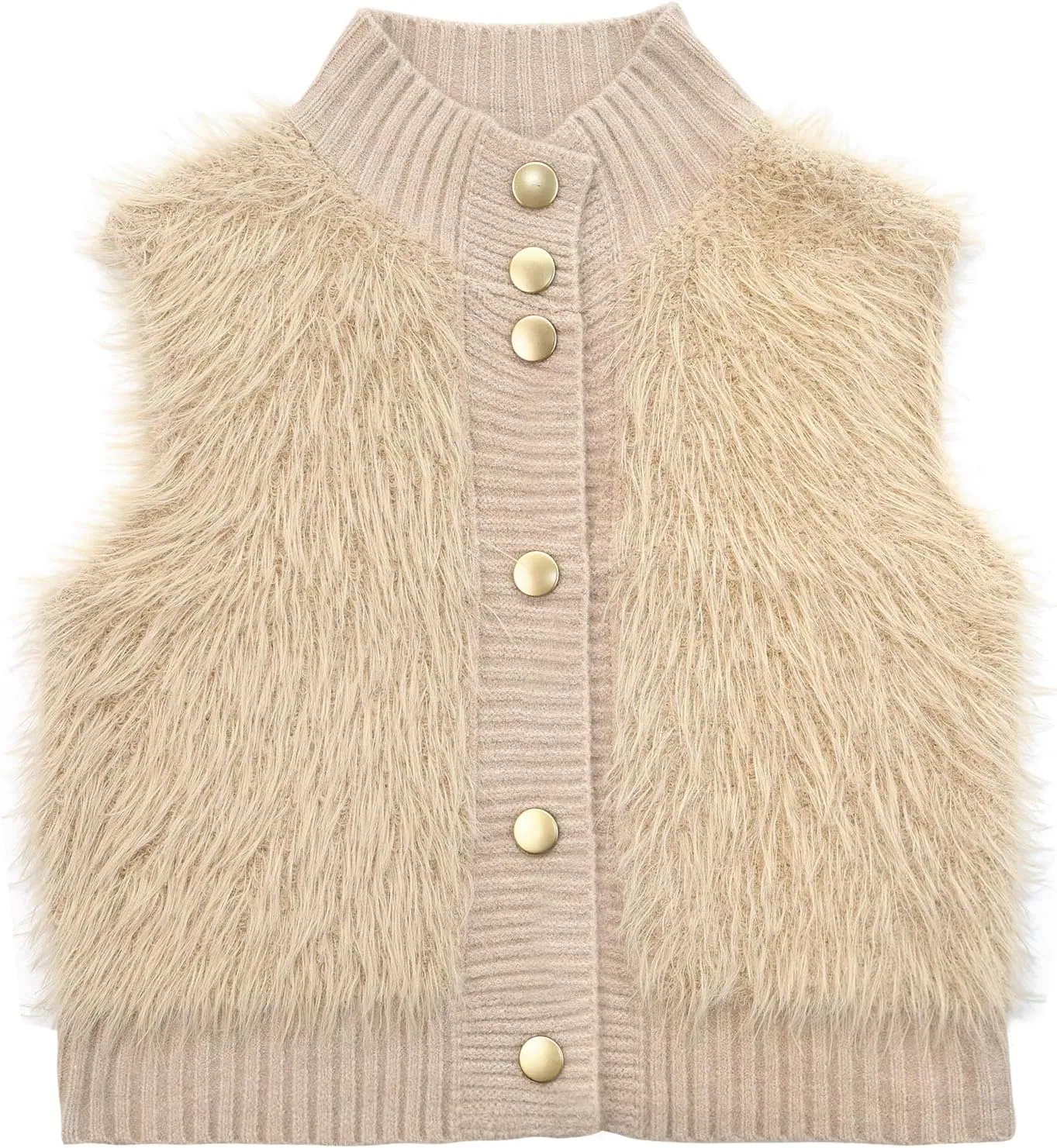 Women Faux Fur Vest Button Down Sleeveless Knit Tops Stand Collar Open Front Sweater Vest