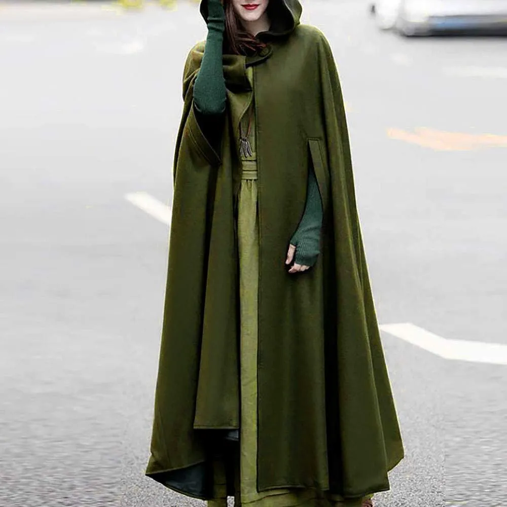 Women Gothic Long Cloak Hooded Open Front Poncho Coat Windproof Renaissance Cosplay Costume Winter Fashion Trench Jacket