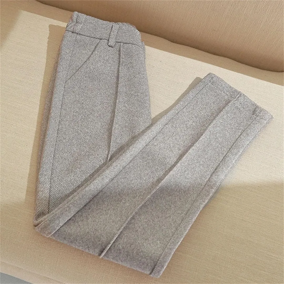 Women High Waist Wool Blend Pants Thicken Plush Lined Harem Pantalones Office Warm Ankle-Length Woolen