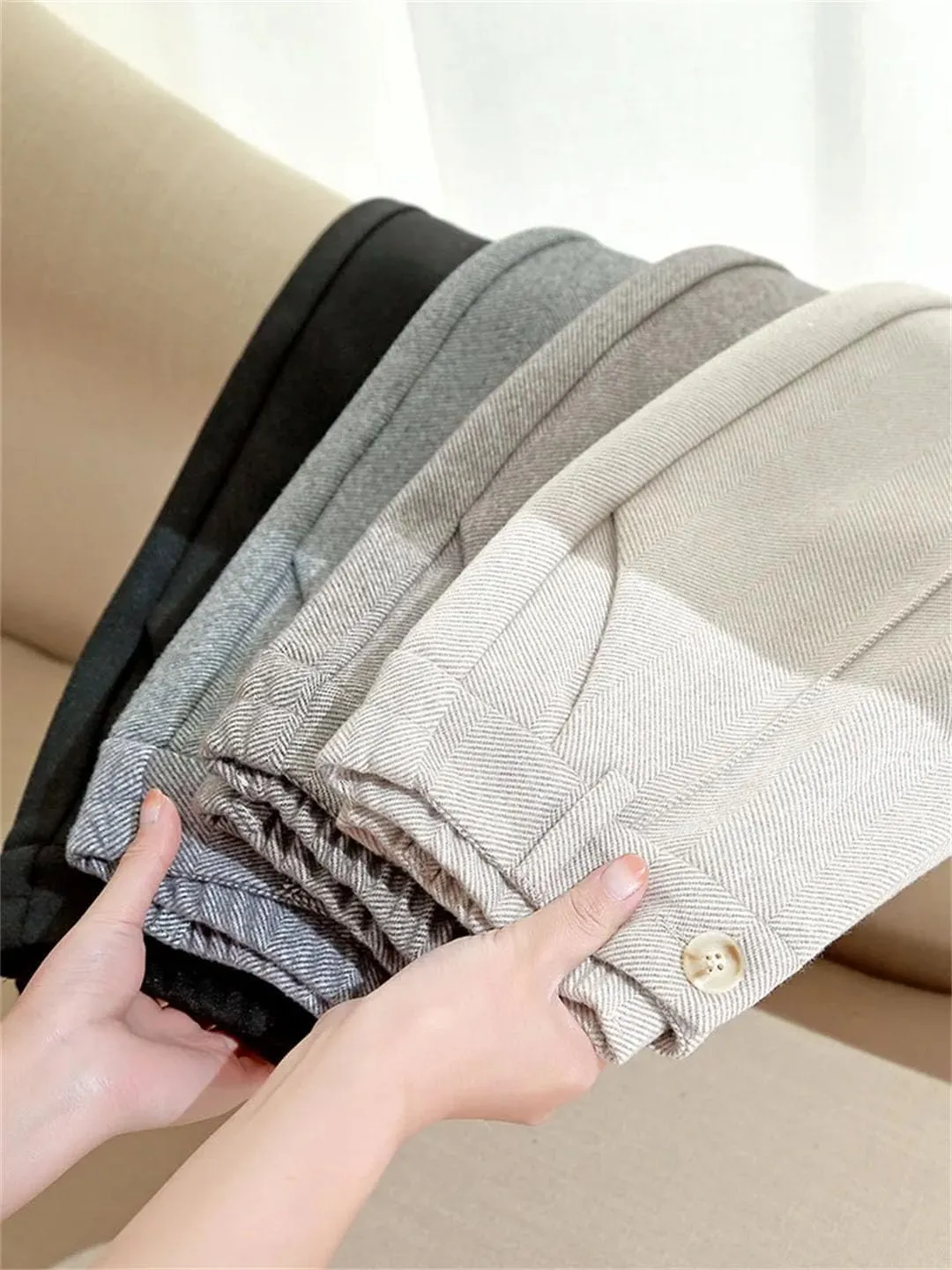 Women High Waist Wool Blend Pants Thicken Plush Lined Harem Pantalones Office Warm Ankle-Length Woolen