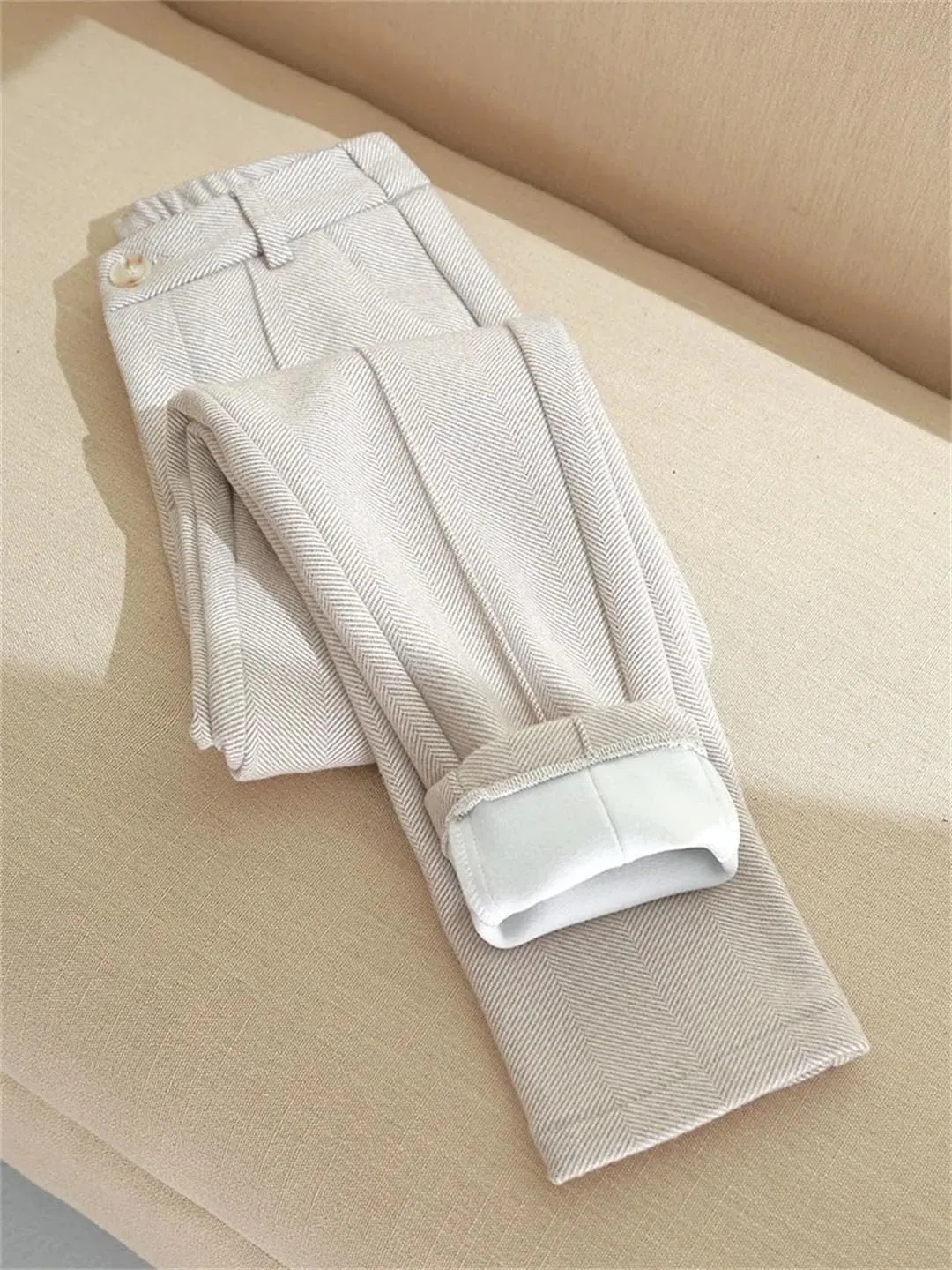 Women High Waist Wool Blend Pants Thicken Plush Lined Harem Pantalones Office Warm Ankle-Length Woolen