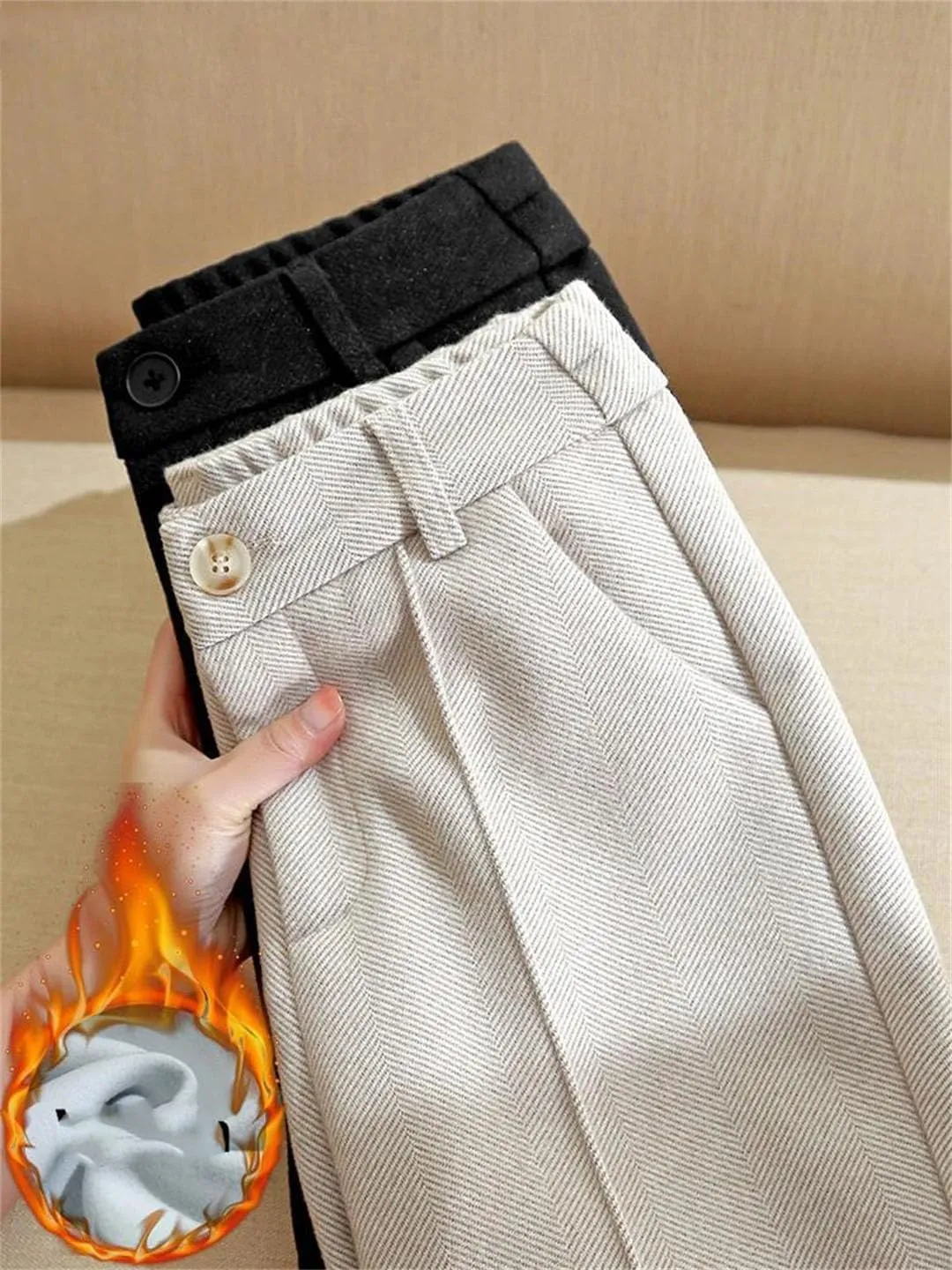 Women High Waist Wool Blend Pants Thicken Plush Lined Harem Pantalones Office Warm Ankle-Length Woolen