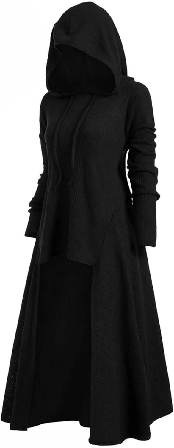 Women Hooded Sweatshirt Dress Long Sleeve Medieval High Low Cloak Robe Renaissance Gothic Steampunk Hoodie Dresses