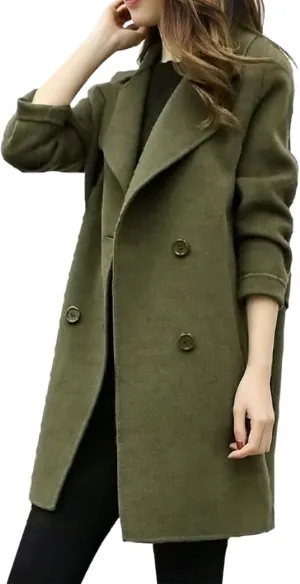Women Lapel Double Breasted Long Trench Coat Lapel Collar Cardigan Outerwear Charming Fashion Warm Thick Peacoat Jacket