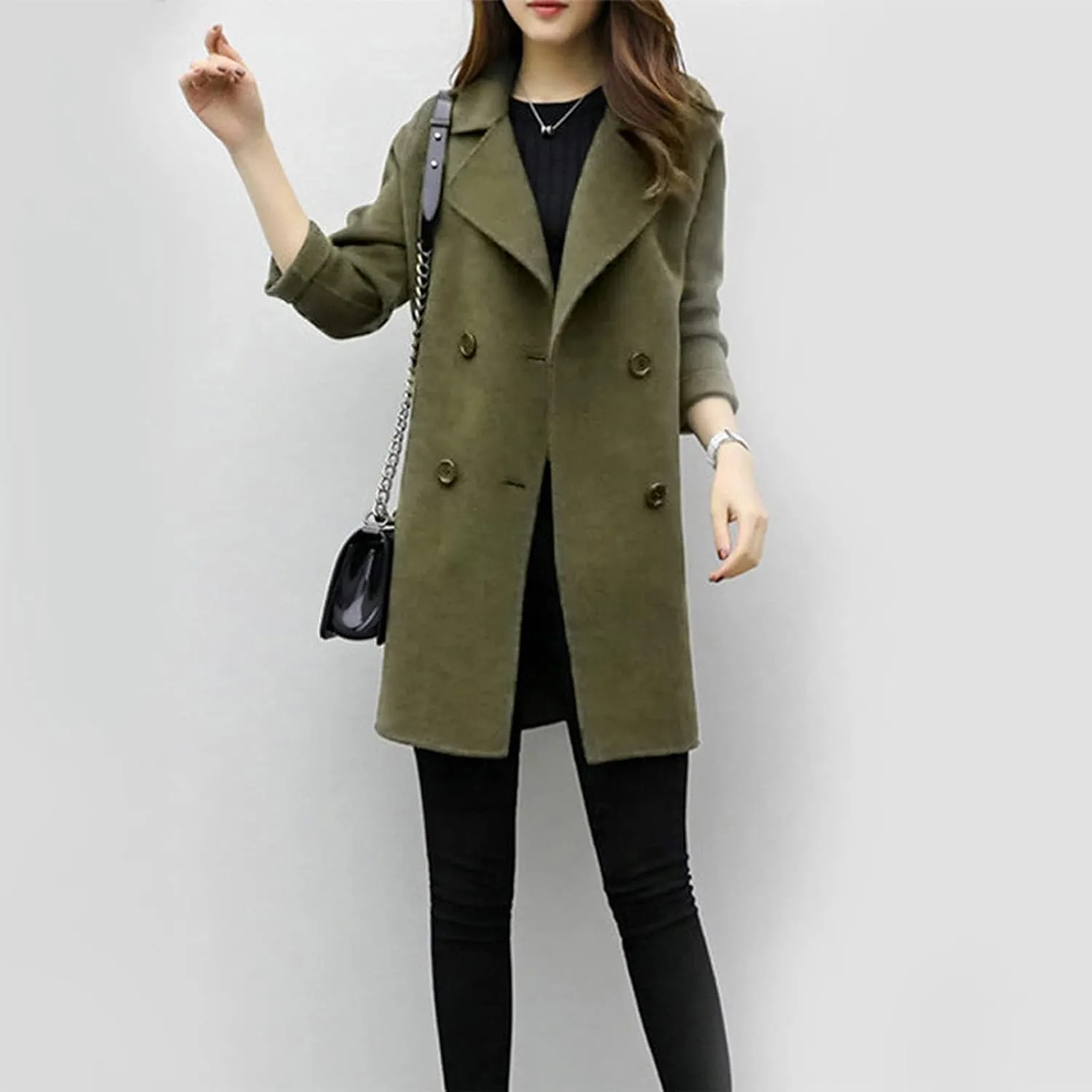 Women Lapel Double Breasted Long Trench Coat Lapel Collar Cardigan Outerwear Charming Fashion Warm Thick Peacoat Jacket