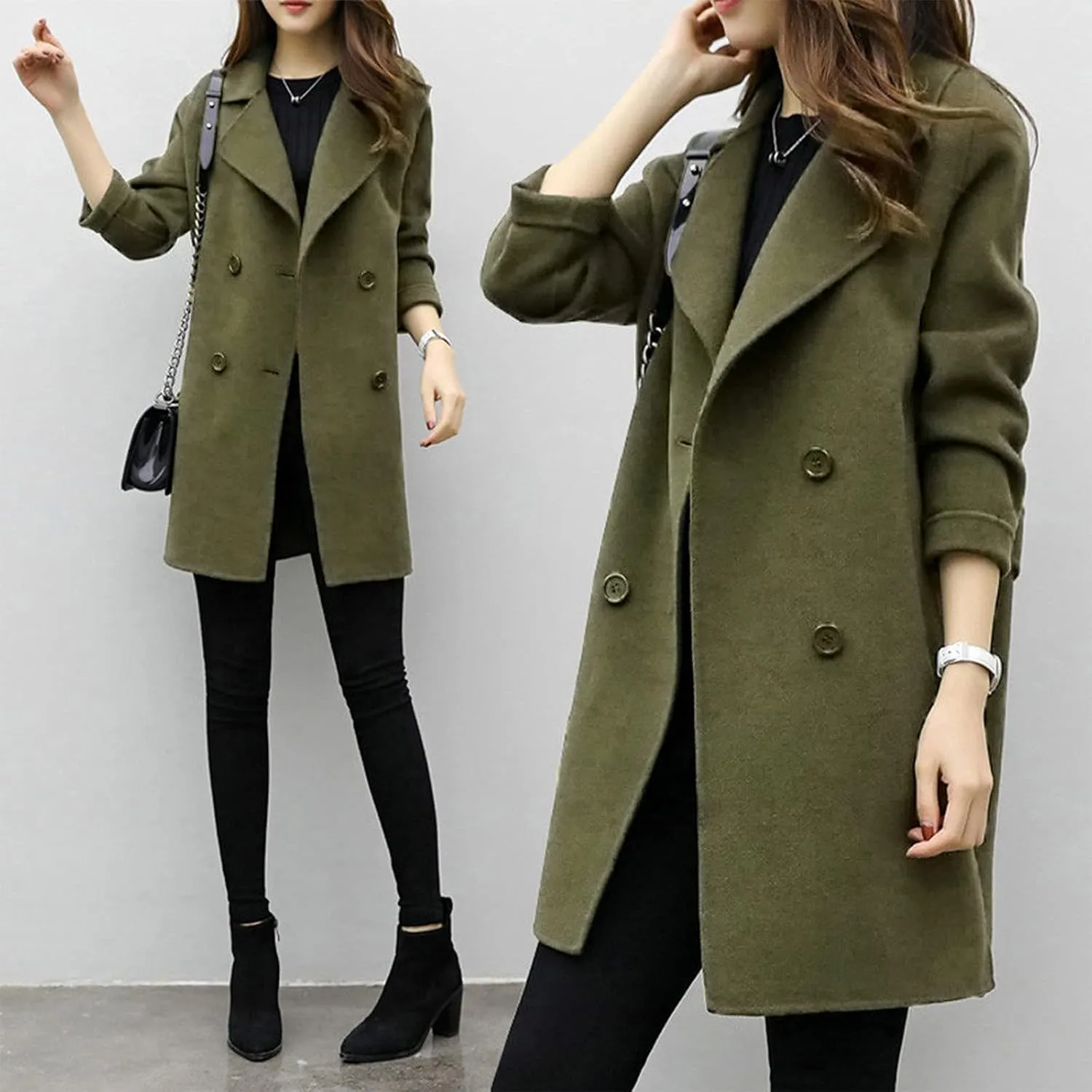 Women Lapel Double Breasted Long Trench Coat Lapel Collar Cardigan Outerwear Charming Fashion Warm Thick Peacoat Jacket