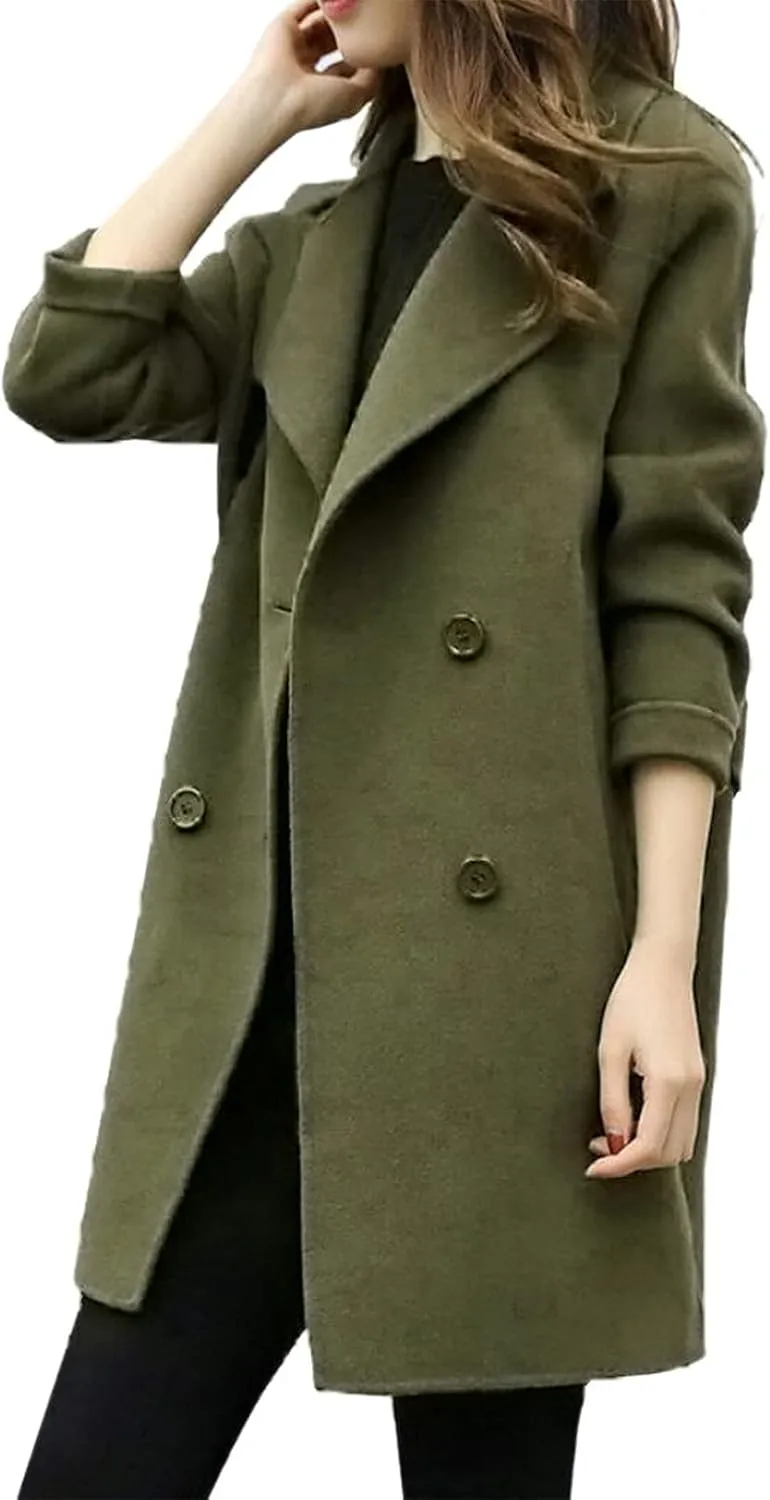 Women Lapel Double Breasted Long Trench Coat Lapel Collar Cardigan Outerwear Charming Fashion Warm Thick Peacoat Jacket
