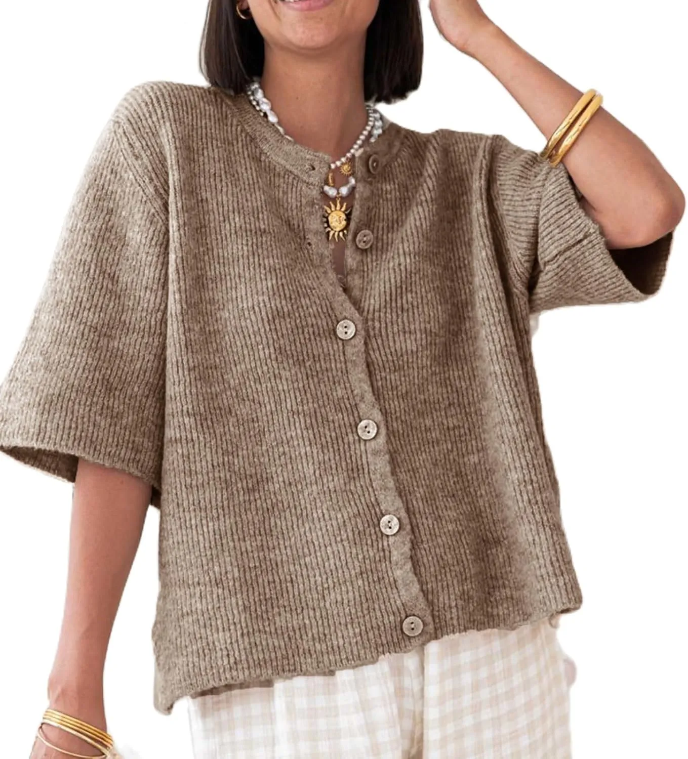 Women Lightweight Knitted Cropped Cardigan Shirt Short Sleeve Button Down Sweater Y2k Open Front Loose Ribbed Shirt