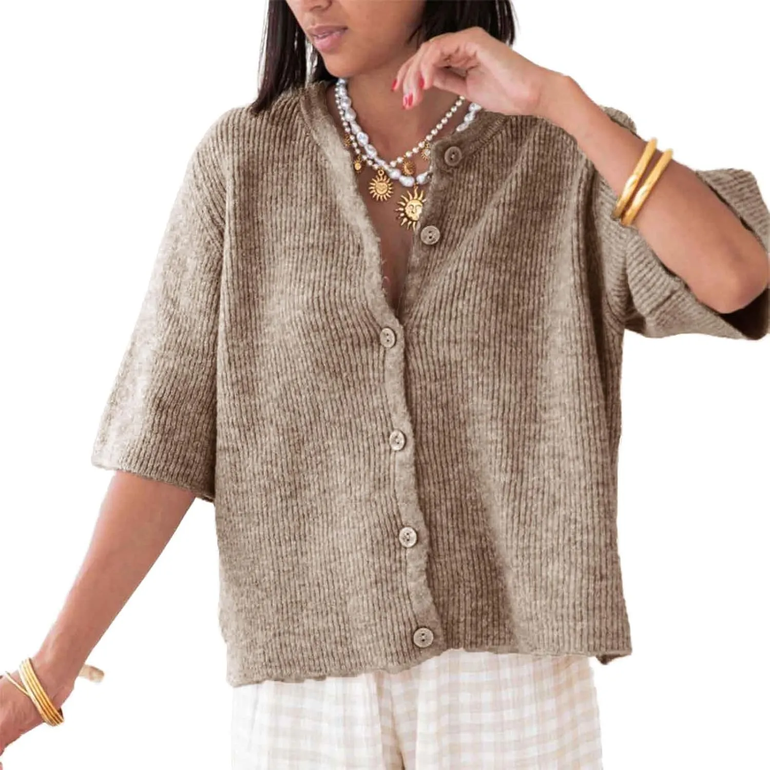 Women Lightweight Knitted Cropped Cardigan Shirt Short Sleeve Button Down Sweater Y2k Open Front Loose Ribbed Shirt