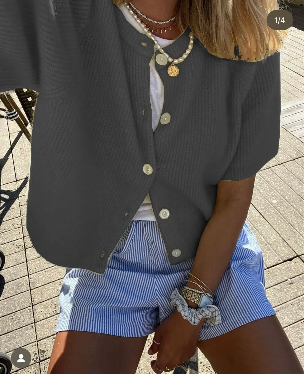 Women Lightweight Knitted Cropped Cardigan Shirt Short Sleeve Button Down Sweater Y2k Open Front Loose Ribbed Shirt