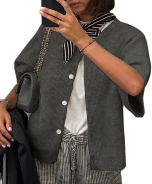 Women Lightweight Knitted Cropped Cardigan Shirt Short Sleeve Button Down Sweater Y2k Open Front Loose Ribbed Shirt
