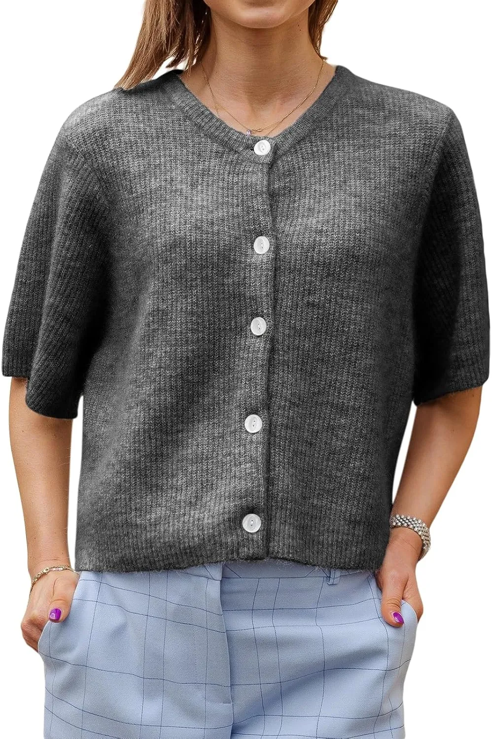Women Lightweight Knitted Cropped Cardigan Shirt Short Sleeve Button Down Sweater Y2k Open Front Loose Ribbed Shirt