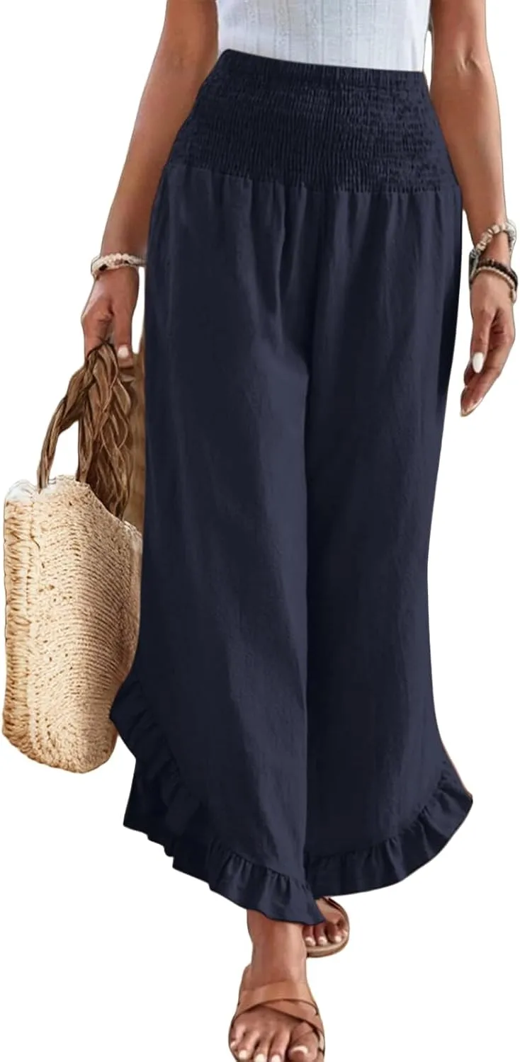Women Linen Palazzo Pants Casual Flowy Summer Wide Leg Boho Trousers Smocked Waist Ruffle Hem Beach Pants with Pockets