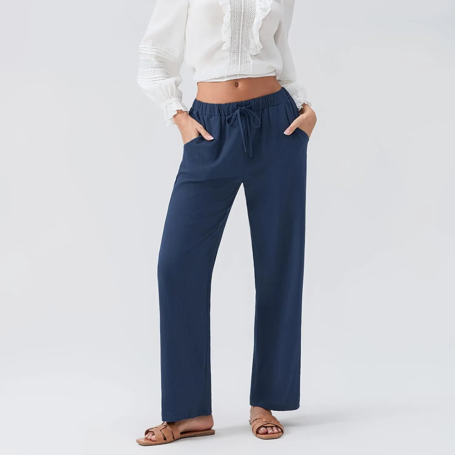 Women Linen Palazzo Pants Summer Boho Wide Leg High Waist Casual Pant 2025 Travel Pants Women Baggy Pants