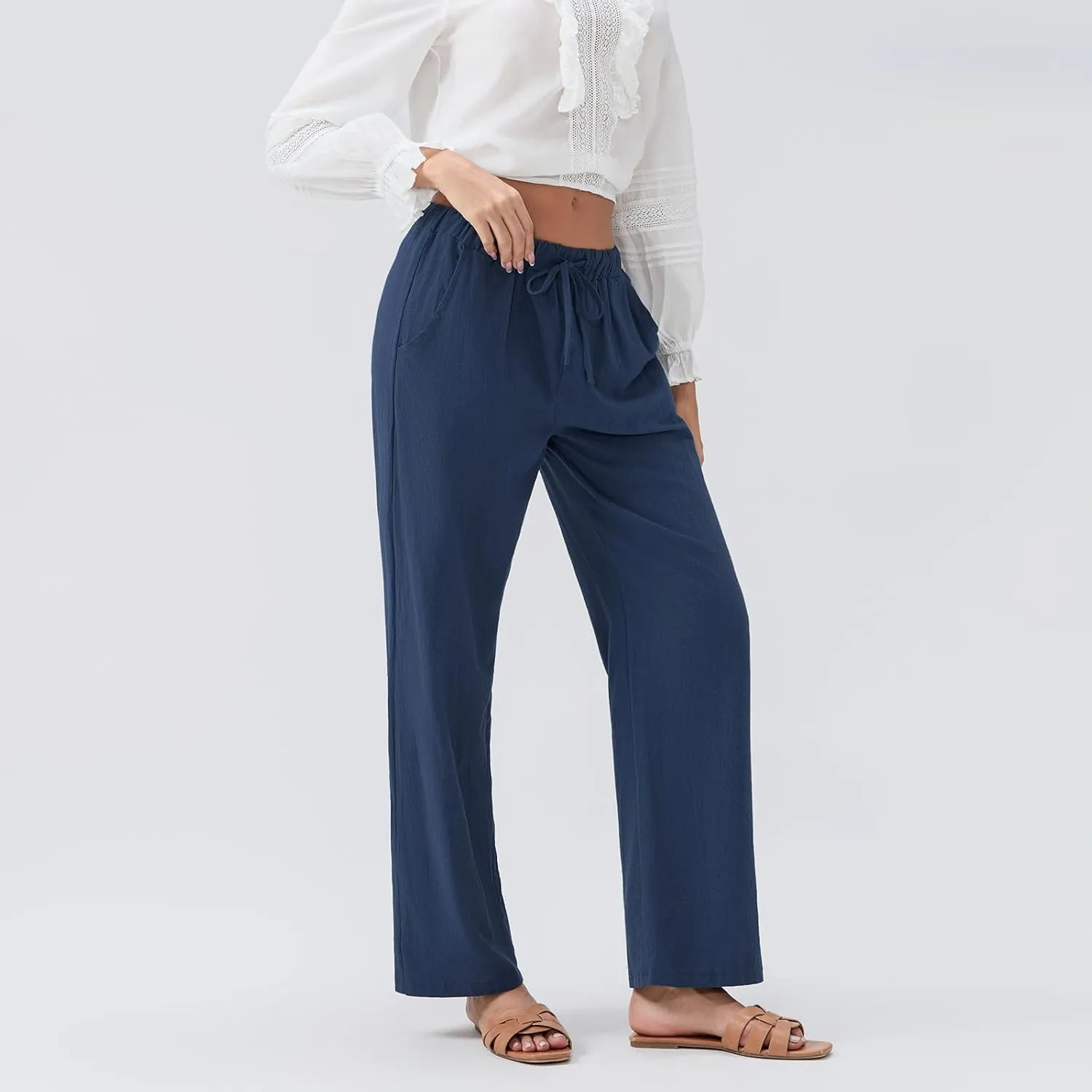 Women Linen Palazzo Pants Summer Boho Wide Leg High Waist Casual Pant 2025 Travel Pants Women Baggy Pants