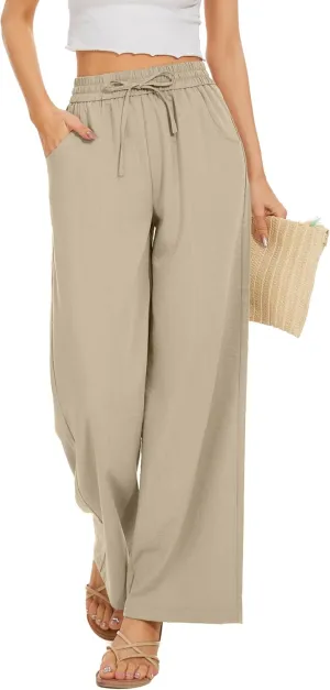 Women Pants Flowy Pants Drawstring Waist Wide Leg Palazzo Beach Pants Loose Fit with Pockets
