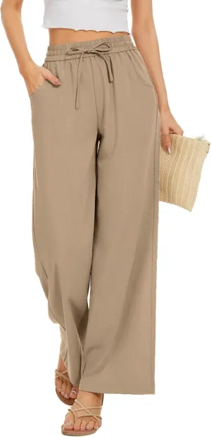 Women Pants Flowy Pants Drawstring Waist Wide Leg Palazzo Beach Pants Loose Fit with Pockets