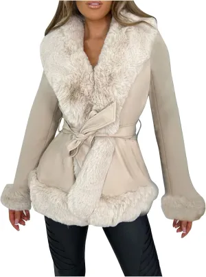 Women Plush Trim Leather Coat Fall Winter Open Front Trench Coats Slim Lace Up Jacket Dressy Casual Overcoats
