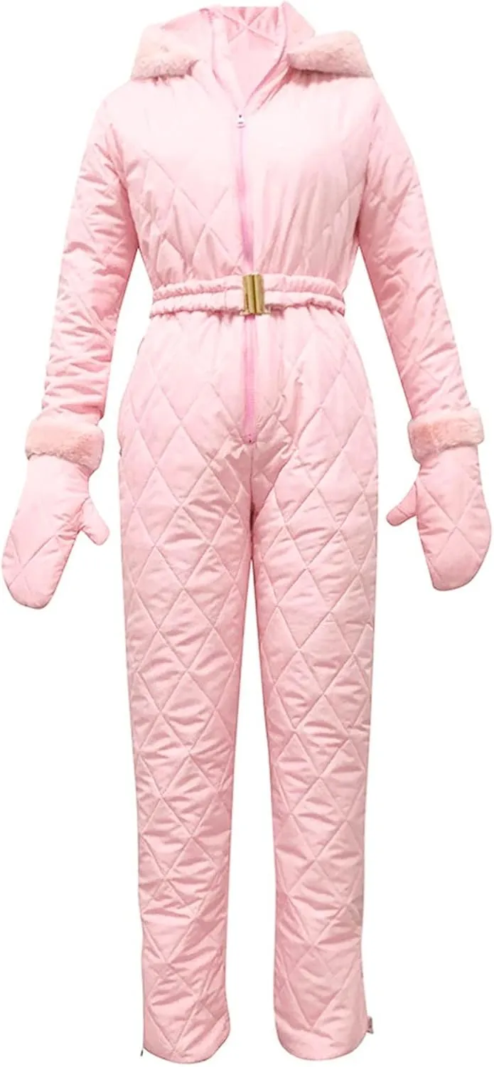 Women Snowboard Skisuit Outdoor Sports Ski Suit Thick Snow Playsuit Jumpsuits Zipper Fur Hoodie Onesie, Large