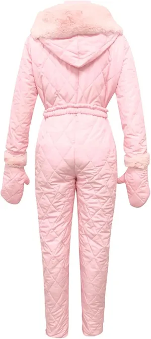 Women Snowboard Skisuit Outdoor Sports Ski Suit Thick Snow Playsuit Jumpsuits Zipper Fur Hoodie Onesie, Large