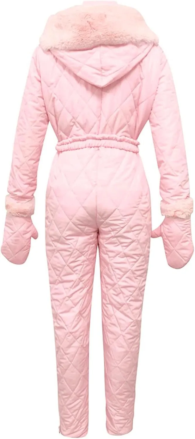 Women Snowboard Skisuit Outdoor Sports Ski Suit Thick Snow Playsuit Jumpsuits Zipper Fur Hoodie Onesie, Large
