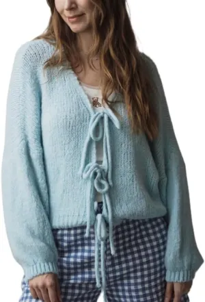 Women Tie Front Oversized Knitted Cardigan Y2k Girls Knitwear Sweater Top Lantern Sleeve Open Front Cardigan