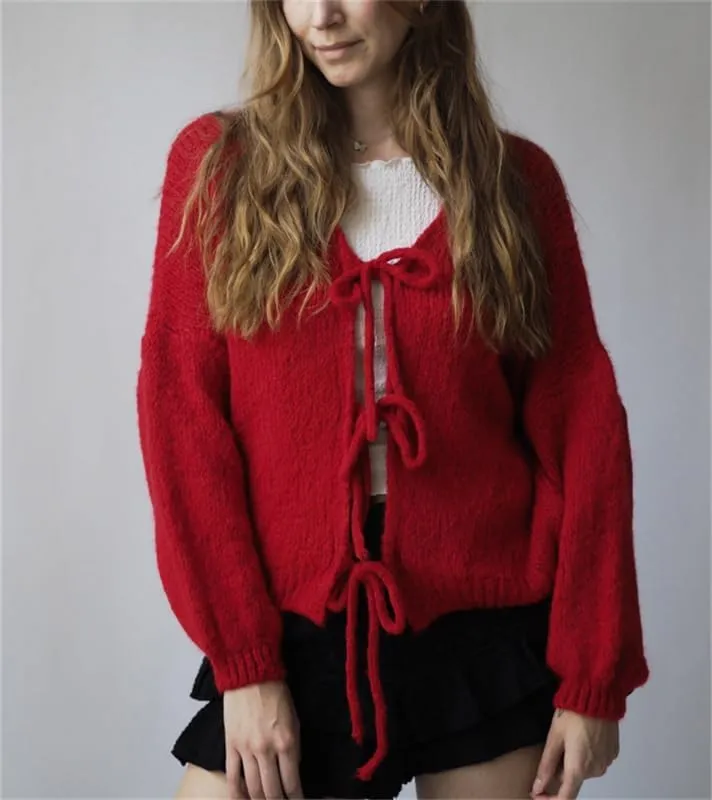 Women Tie Front Oversized Knitted Cardigan Y2k Girls Knitwear Sweater Top Lantern Sleeve Open Front Cardigan