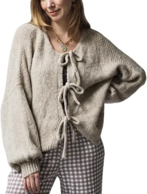 Women Tie Front Oversized Knitted Cardigan Y2k Girls Knitwear Sweater Top Lantern Sleeve Open Front Cardigan