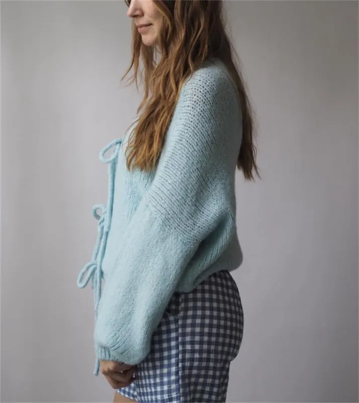 Women Tie Front Oversized Knitted Cardigan Y2k Girls Knitwear Sweater Top Lantern Sleeve Open Front Cardigan