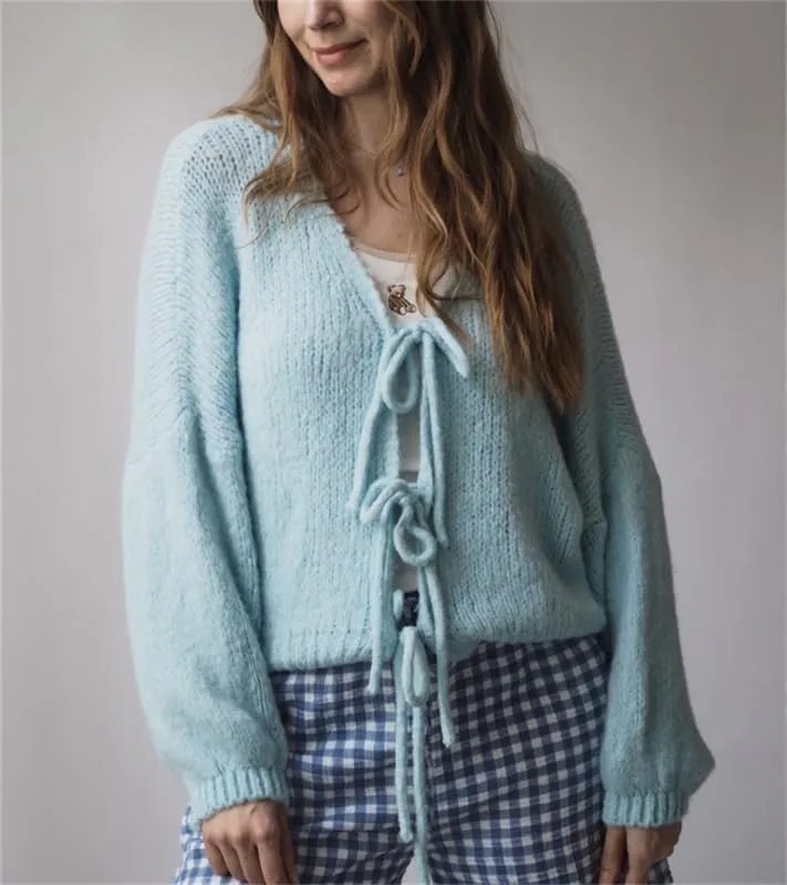 Women Tie Front Oversized Knitted Cardigan Y2k Girls Knitwear Sweater Top Lantern Sleeve Open Front Cardigan