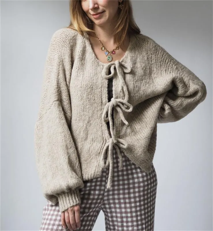 Women Tie Front Oversized Knitted Cardigan Y2k Girls Knitwear Sweater Top Lantern Sleeve Open Front Cardigan