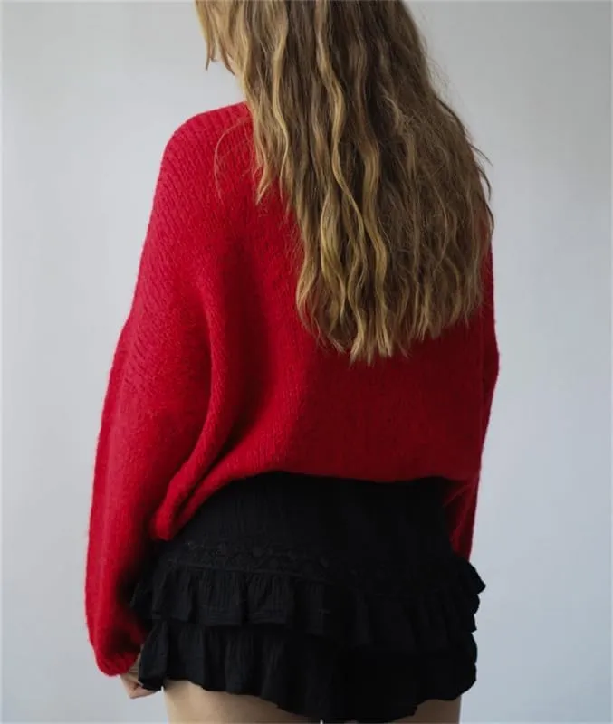 Women Tie Front Oversized Knitted Cardigan Y2k Girls Knitwear Sweater Top Lantern Sleeve Open Front Cardigan