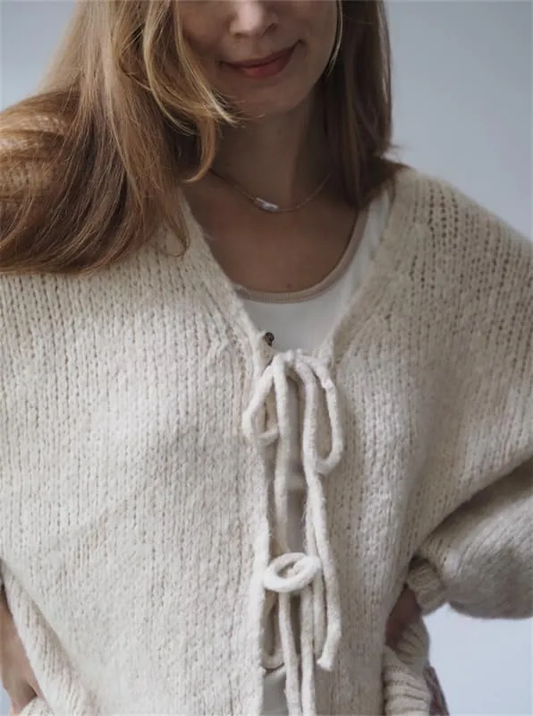 Women Tie Front Oversized Knitted Cardigan Y2k Girls Knitwear Sweater Top Lantern Sleeve Open Front Cardigan