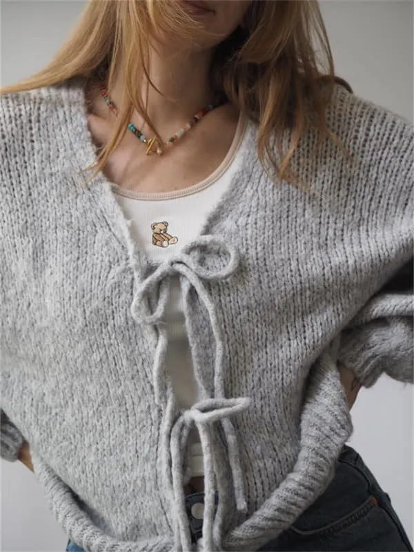 Women Tie Front Oversized Knitted Cardigan Y2k Girls Knitwear Sweater Top Lantern Sleeve Open Front Cardigan
