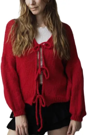 Women Tie Front Oversized Knitted Cardigan Y2k Girls Knitwear Sweater Top Lantern Sleeve Open Front Cardigan