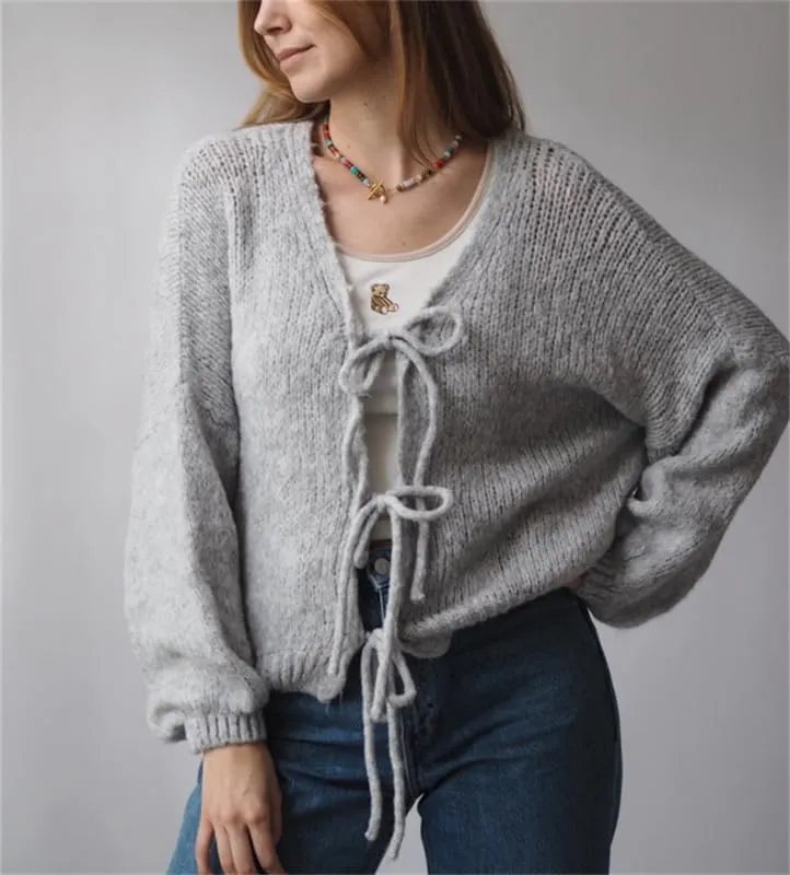 Women Tie Front Oversized Knitted Cardigan Y2k Girls Knitwear Sweater Top Lantern Sleeve Open Front Cardigan