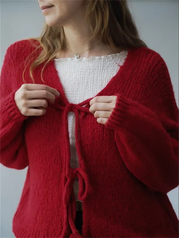 Women Tie Front Oversized Knitted Cardigan Y2k Girls Knitwear Sweater Top Lantern Sleeve Open Front Cardigan