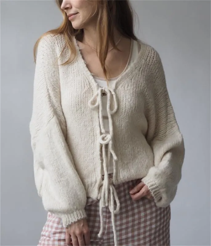 Women Tie Front Oversized Knitted Cardigan Y2k Girls Knitwear Sweater Top Lantern Sleeve Open Front Cardigan