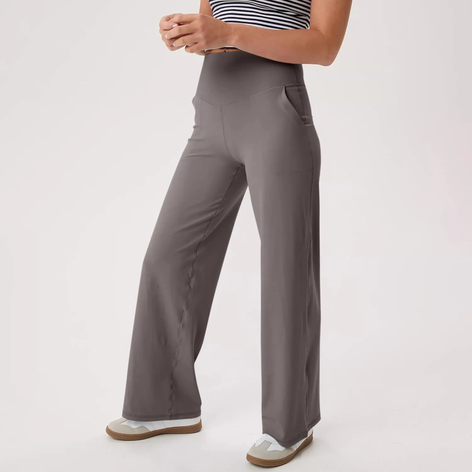 Women Wide Leg Yoga Pants with Pockets Stretch Straight Leg Dress Pant Tummy Control Flare Leggings Athletic Pant