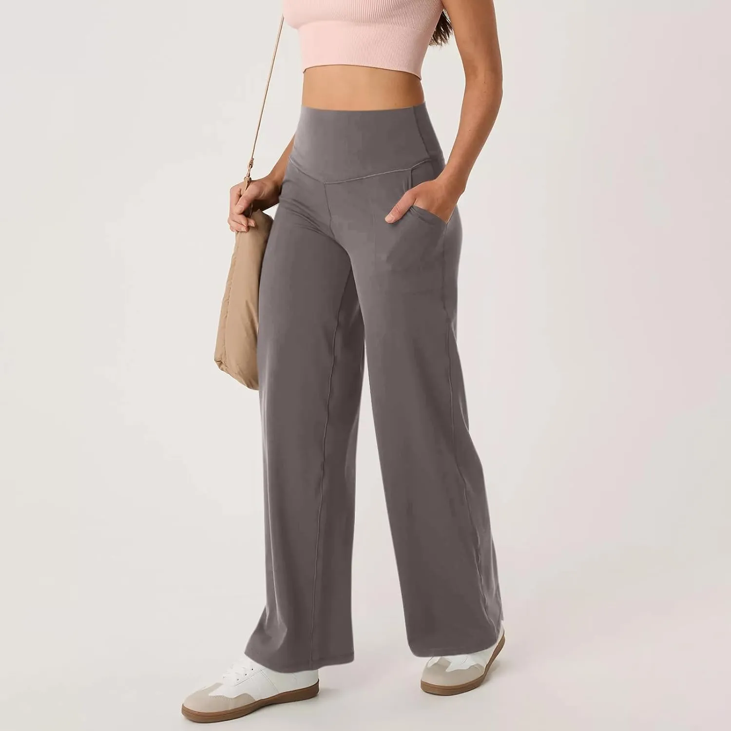 Women Wide Leg Yoga Pants with Pockets Stretch Straight Leg Dress Pant Tummy Control Flare Leggings Athletic Pant