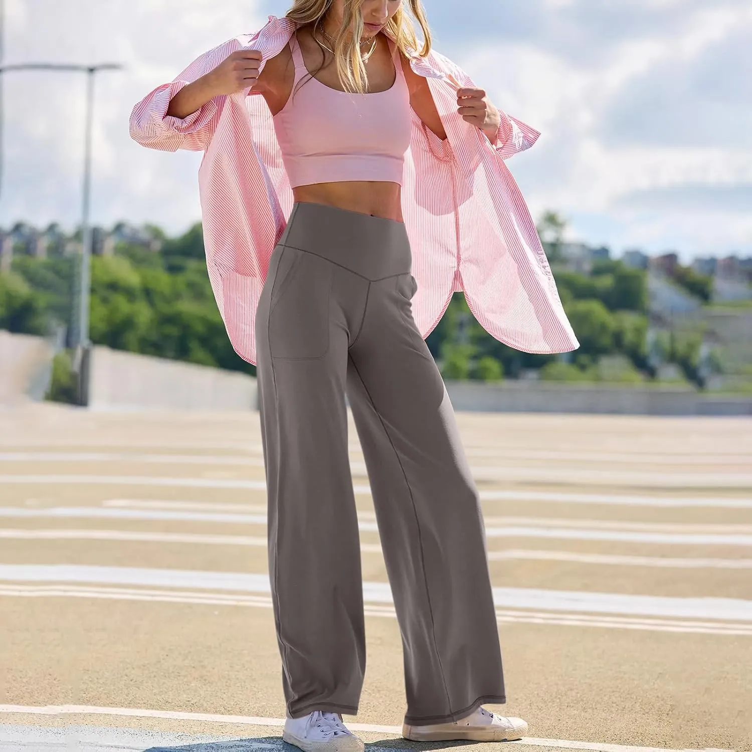 Women Wide Leg Yoga Pants with Pockets Stretch Straight Leg Dress Pant Tummy Control Flare Leggings Athletic Pant