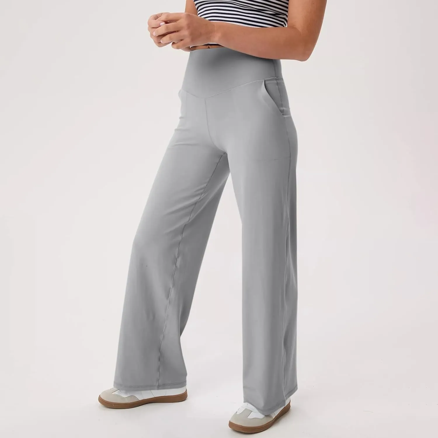 Women Wide Leg Yoga Pants with Pockets Stretch Straight Leg Dress Pant Tummy Summer Pants for Women Casual