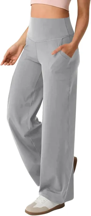 Women Wide Leg Yoga Pants with Pockets Stretch Straight Leg Dress Pant Tummy Summer Pants for Women Casual