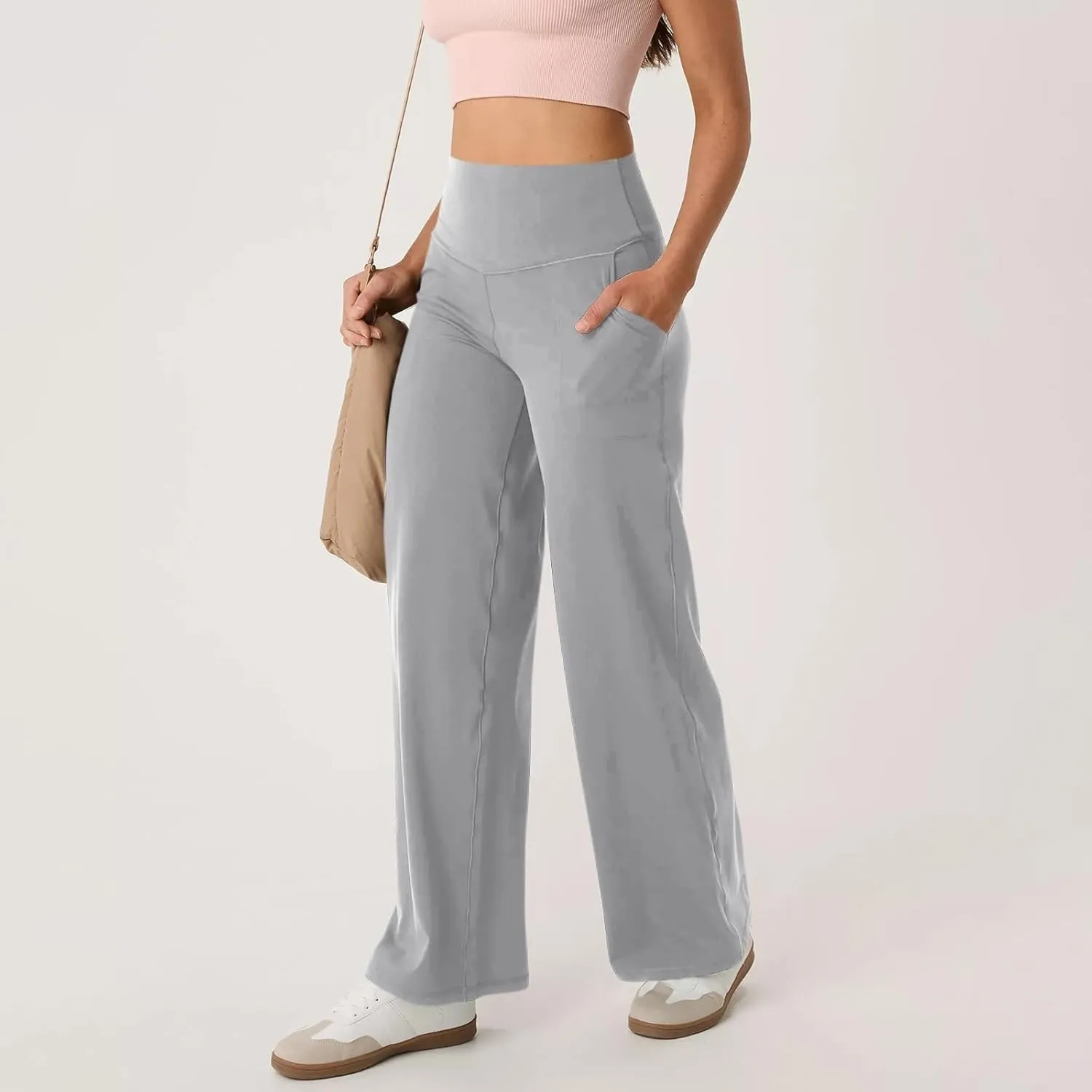 Women Wide Leg Yoga Pants with Pockets Stretch Straight Leg Dress Pant Tummy Summer Pants for Women Casual