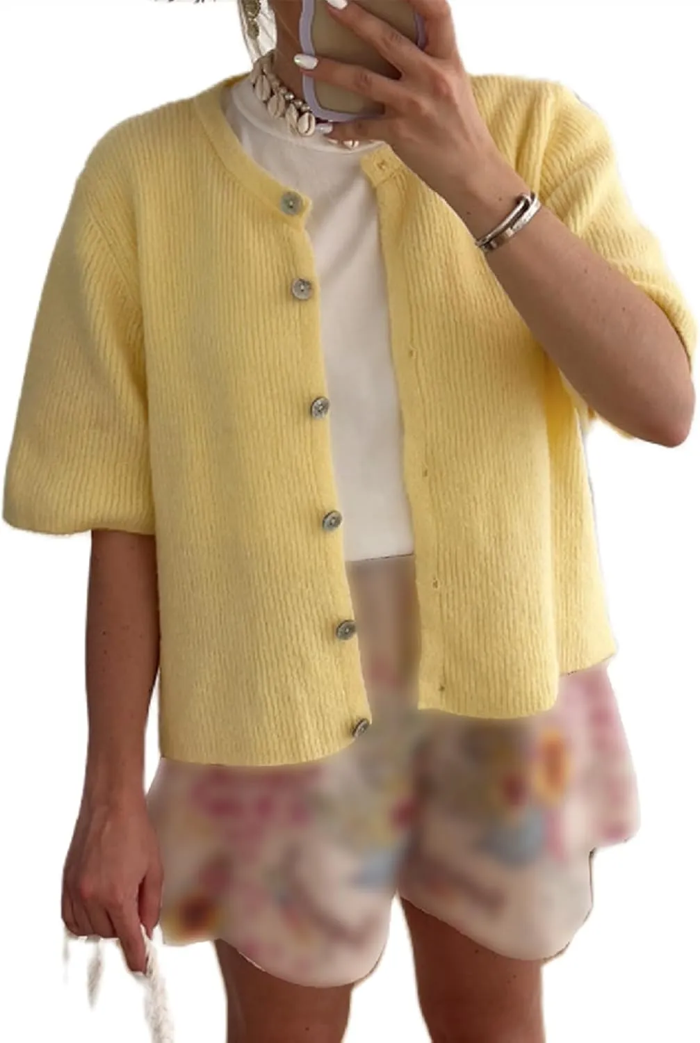 Women Y2K Crop Cardigan Sweater Crewneck Short Sleeve Button Down Knit Crop Top Teen Girls Aesthetic Cute Cardigan