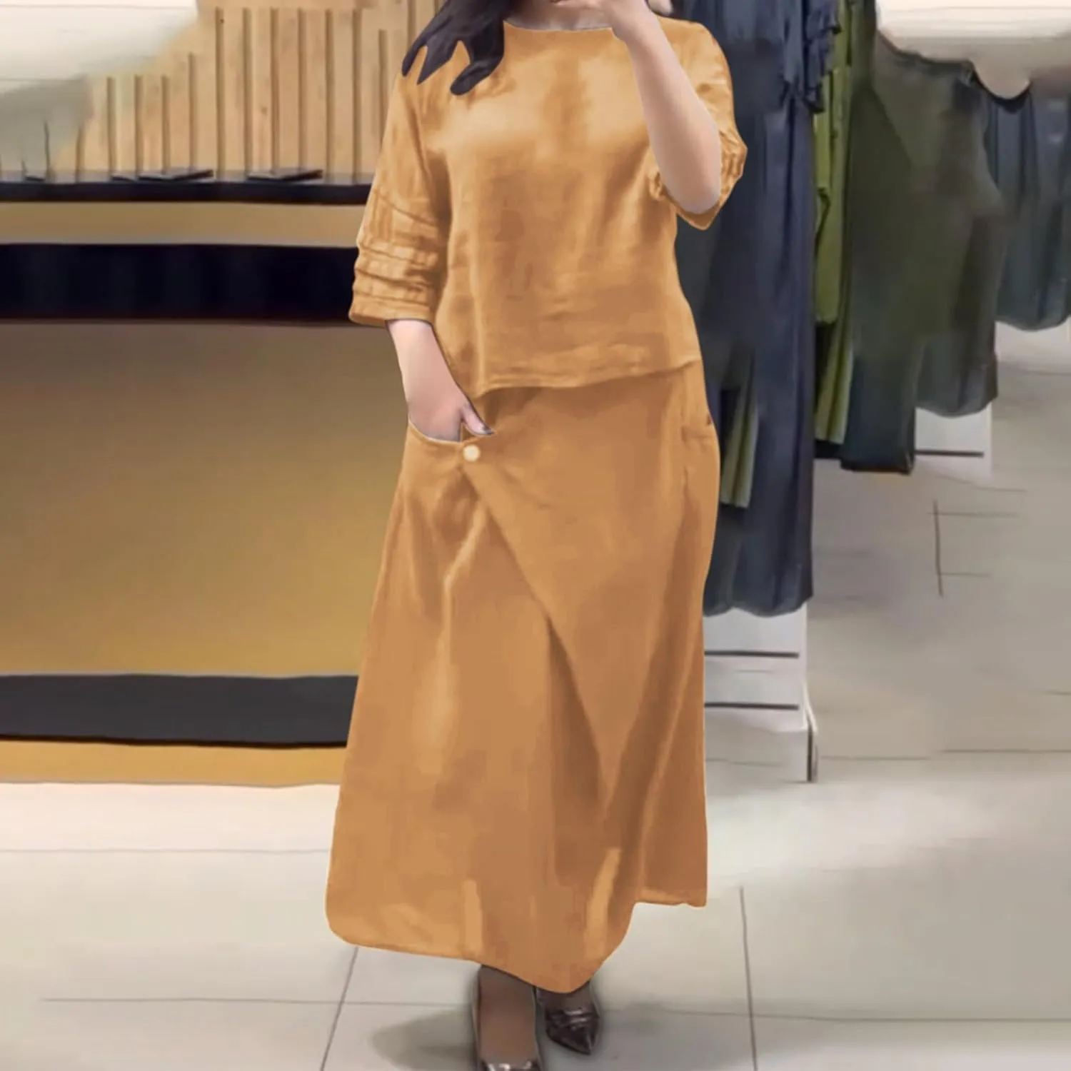 Women's 2 Piece Outfits Casual Skirt Sets Long Sleeve Tops Irregular Midi Skirts 2025 Matching Outfits