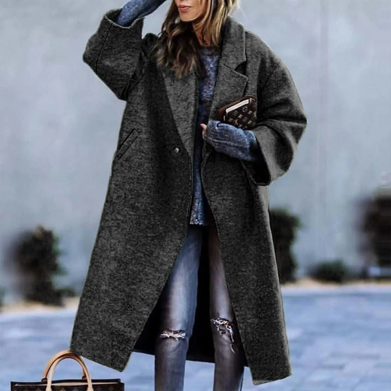Women's 2023 Fashion Winter Coat Down Lapel Plush Plaid Coat Loose Long Coat Womens Coats Winter Womens Trench Coat