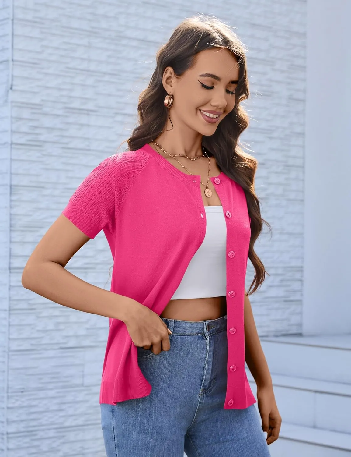 Women's 2025 Short Sleeve Cardigan Button Up Hollowed Out Crewneck Shrug Sweaters Knit Sweater Tops Lightweight
