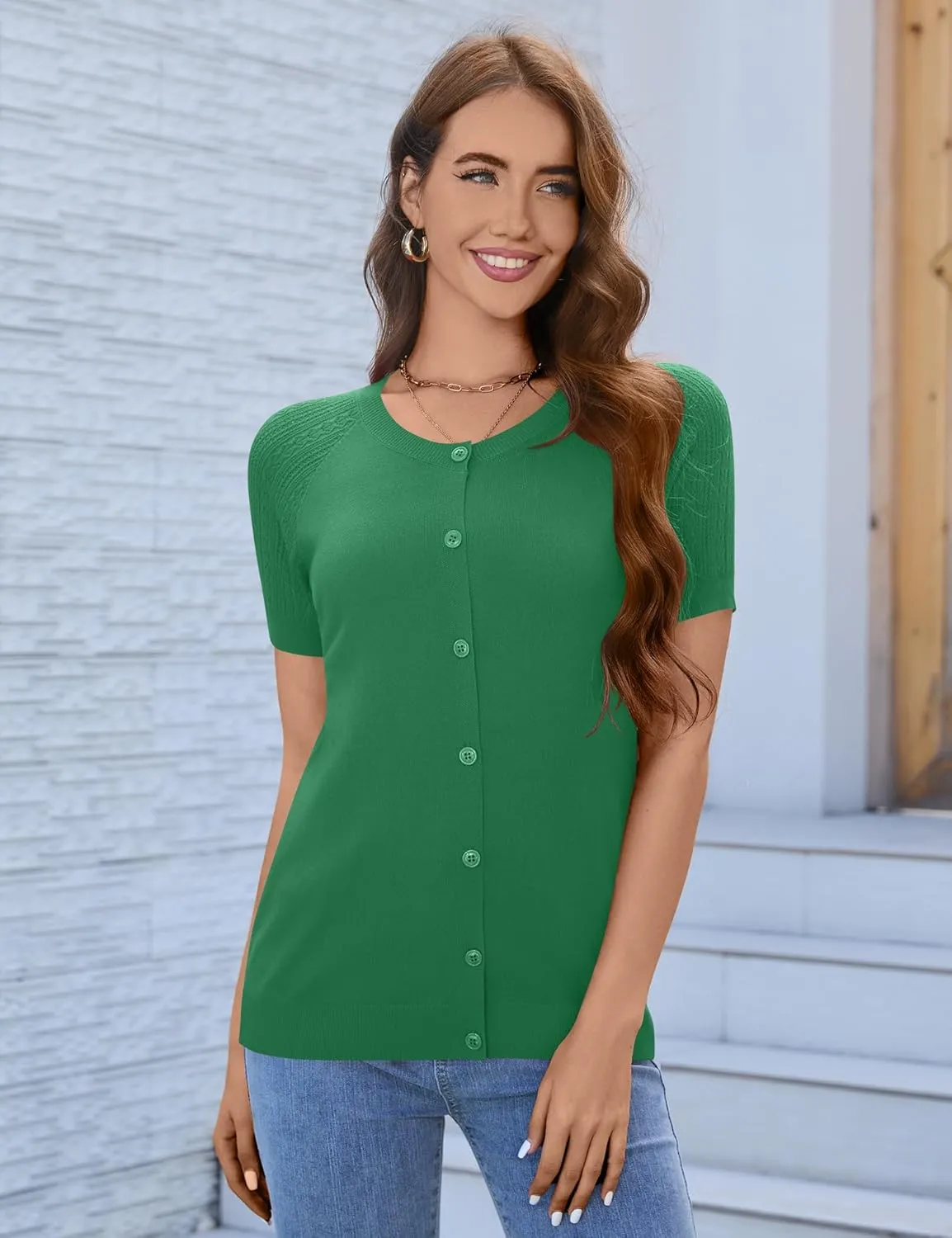 Women's 2025 Short Sleeve Cardigan Button Up Hollowed Out Crewneck Shrug Sweaters Knit Sweater Tops Lightweight