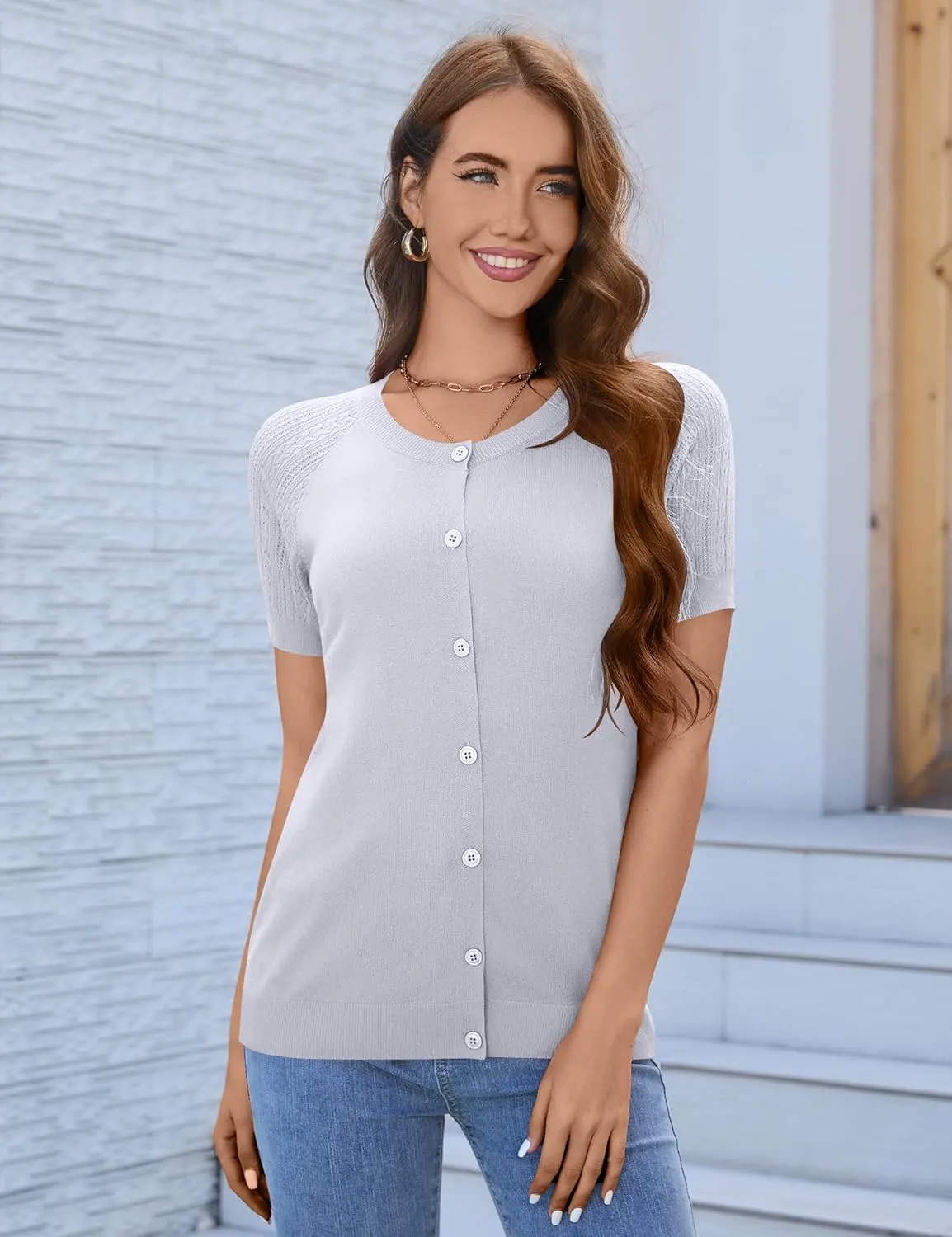Women's 2025 Short Sleeve Cardigan Button Up Hollowed Out Crewneck Shrug Sweaters Knit Sweater Tops Lightweight